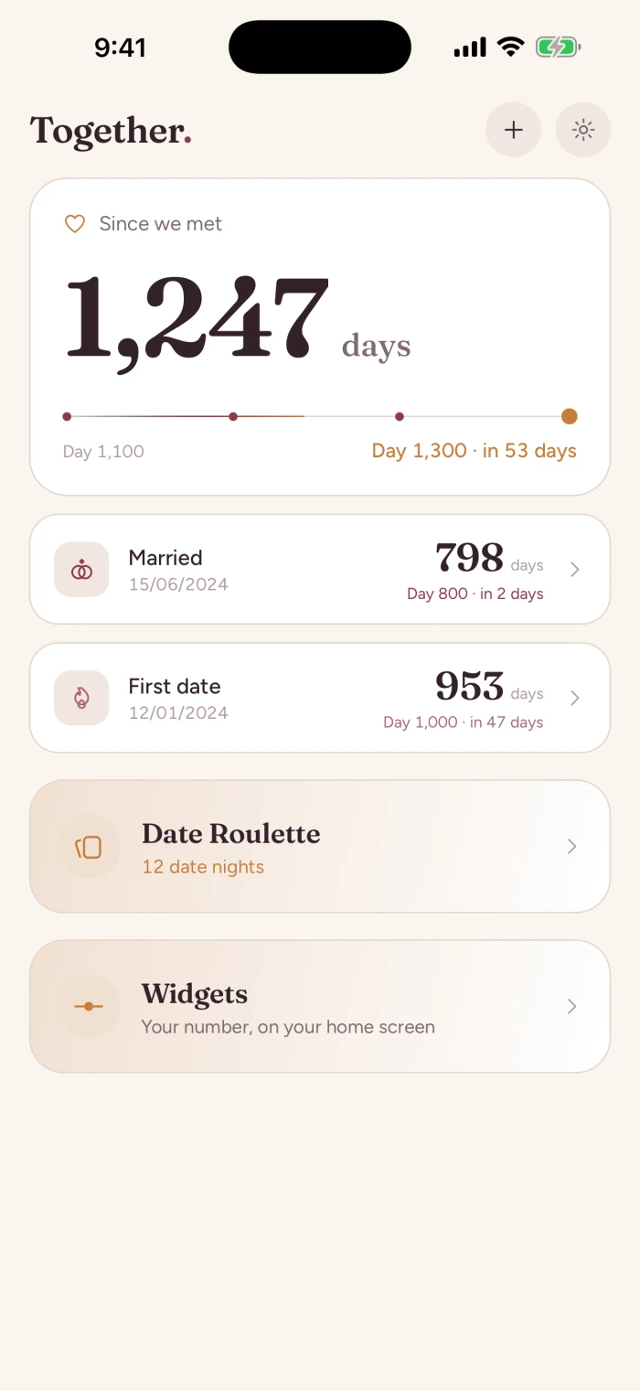 The Together home screen: a card reading Since we met, 1,247 days, with the next milestone due in 53 days