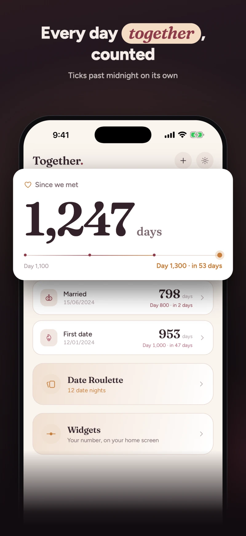 The home screen with counters for Since we met, Married and First date