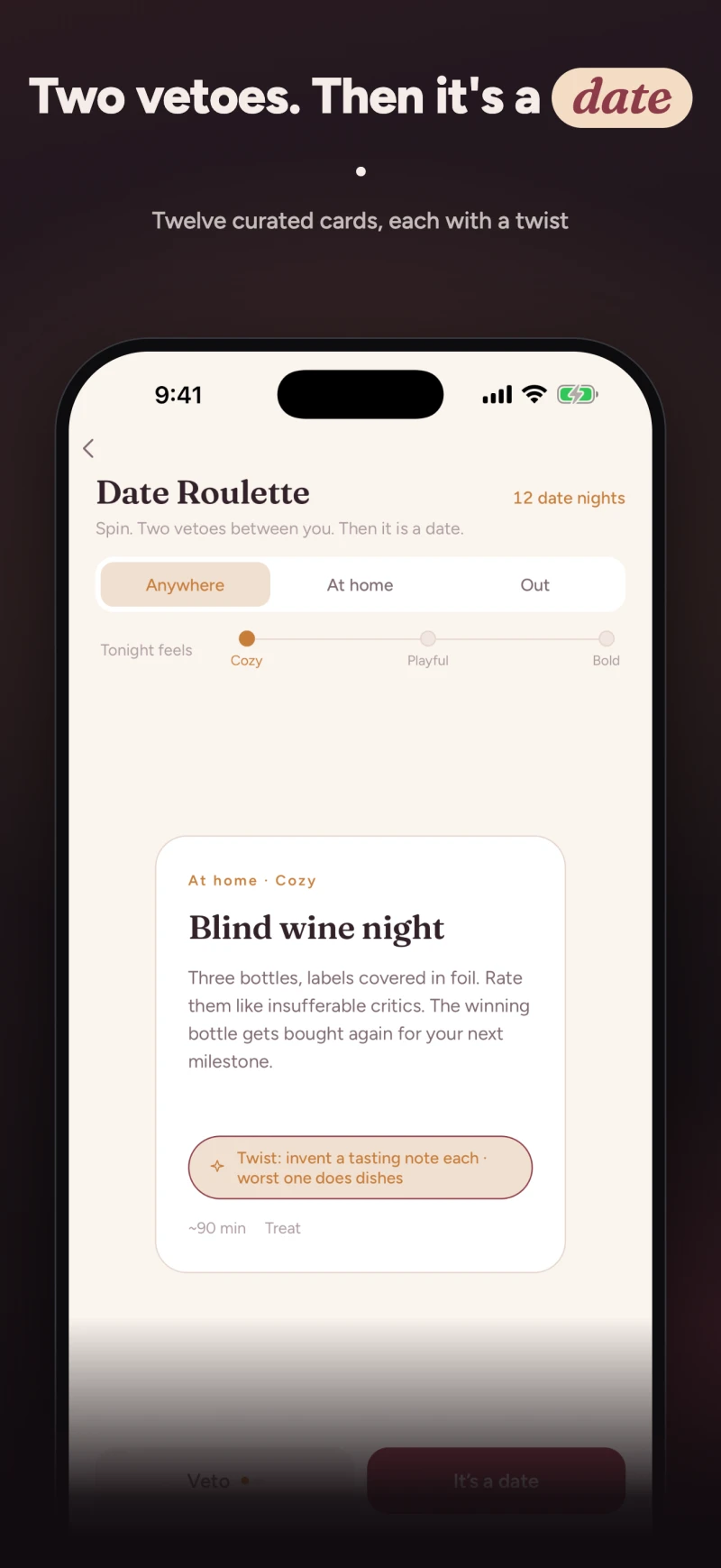 Date Roulette dealing a date night card with a twist and two vetoes