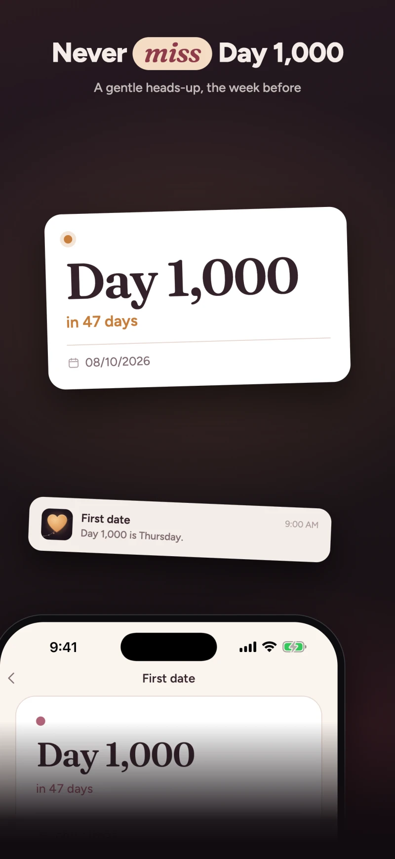 A milestone detail screen counting down to Day 1,000